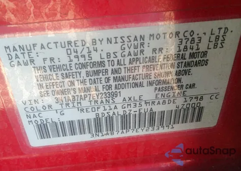 2014 Nissan Sentra Sv from USA, damaged, VIN 3N1AB7AP7EY233991